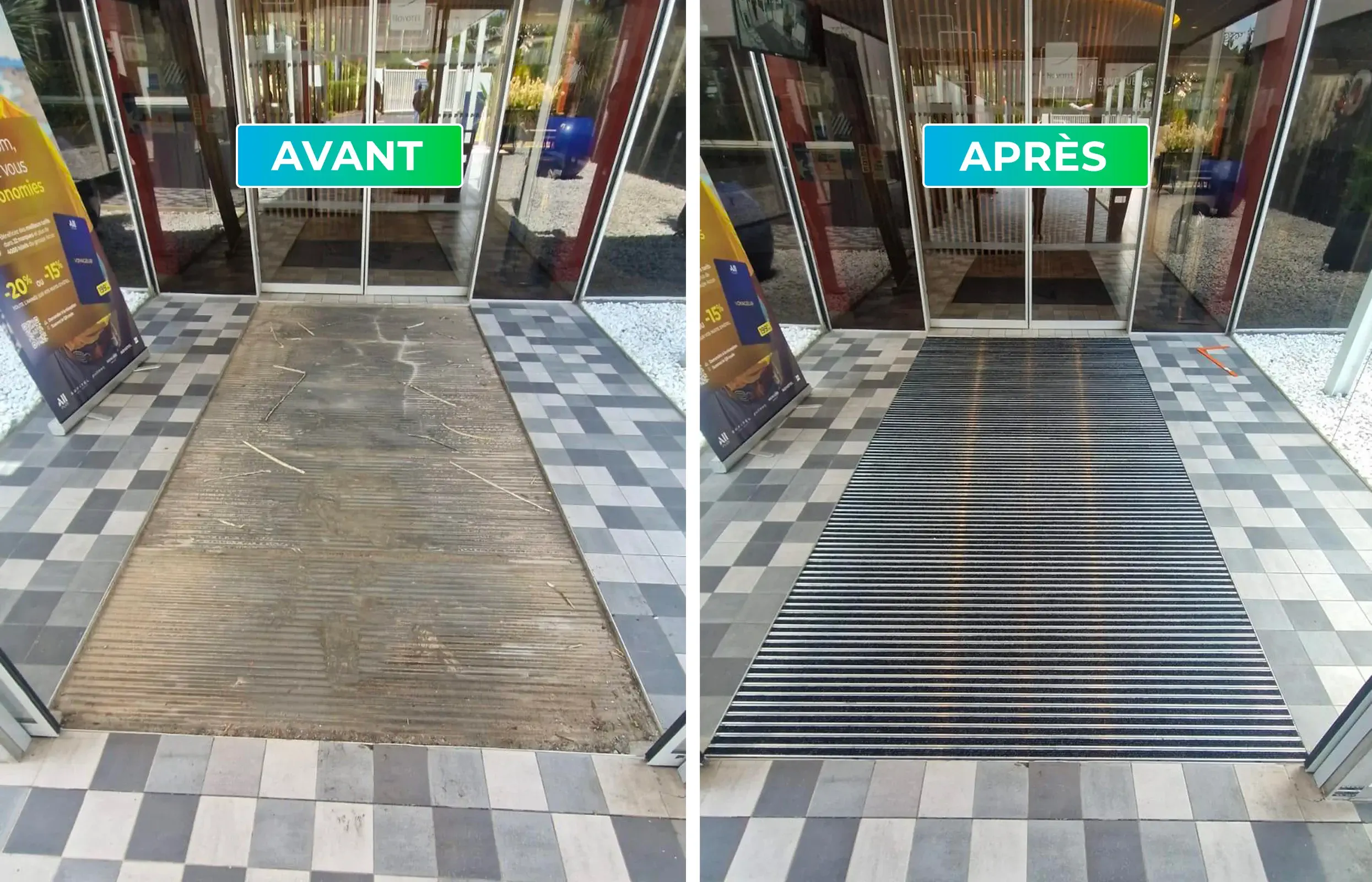 Pose de tapis à l'entrée d'un immeuble : images Avant et Après